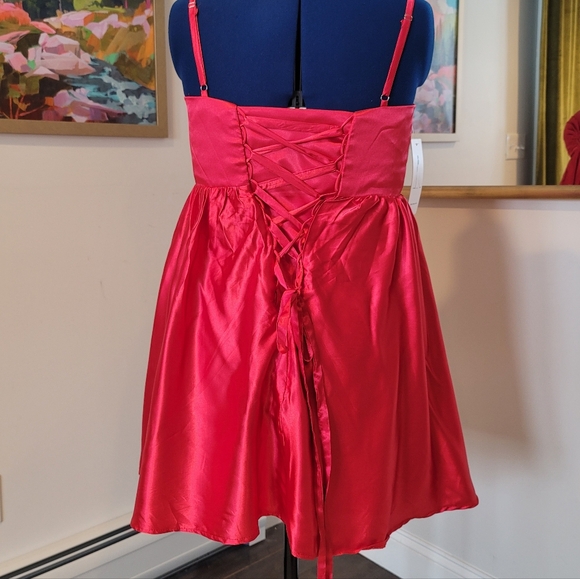 Vibrant Red Satin Babydoll Dress With Adjustable Straps - Picture 2 of 5